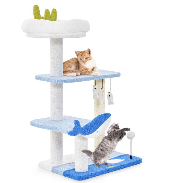 34" Multi-level Cat Tree w/ Padded Top Perch 3 Hanging Toys Ocean-themed Indoor