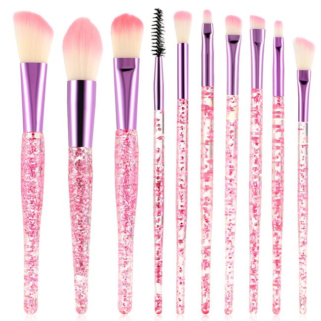 WLLHYF Glitter Crystal Makeup Brush Set 10 Piece Bling Professional Foundation Concealer Eye Shadow Eyeliner Blush Lip Blending Synthetic Brushes Tools Kit Essentials Transparent Handle Women