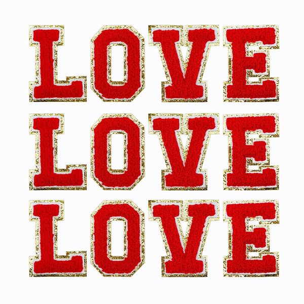 FAZHBARY 12 PCS Love Patch Red Love Embroidery Iron On Patch Gold Edges Chenille Letter Patches for DIY Clothing Hats Bags