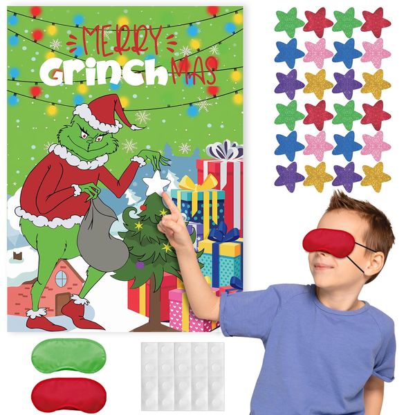 FRSHALOUIS Christmas Games for Kids - Pin The Star on Grinchs Decorations Party Supplies Gifts for Holiday Party Game Kids and Adults Family Games