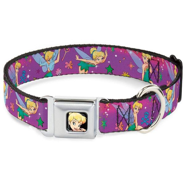 Buckle-Down Dog Collar Seatbelt Buckle Tinker Bell Poses Flowers Stars Skull Purple 15 to 26 Inches 1.0 Inch Wide, Multi Color, DC-WDY007-L