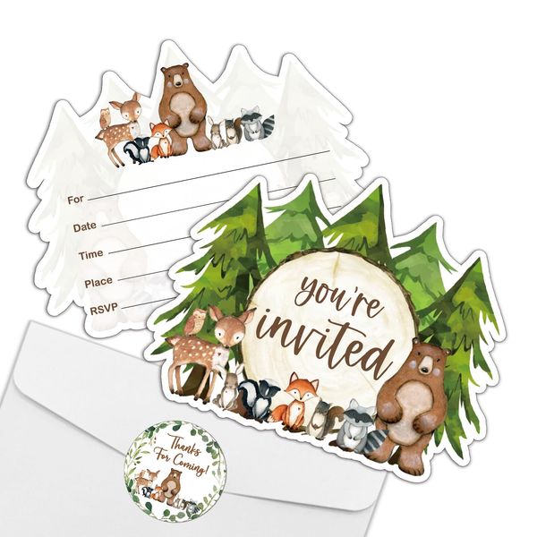 REWIDPARTY Woodland Animals Birthday Party Invitations with Envelopes & Stickers（Set of 15） Forest Animals Shaped Fill-in Invitations Woodland Greenery Invites Birthday Baby Shower Party Supplies