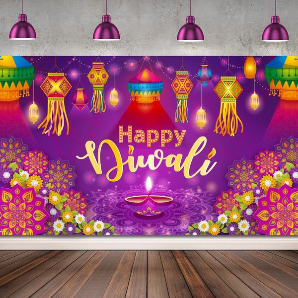 Clabby Happy Diwali Backdrop Banner Decor, Festival of Lights Party Photography Backdrop Decorations for Happy Diwali Party Indian Deepavali Lights Diyas Decor Supplies, 72.8 x 43.3 Inch