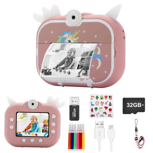 Kids Camera Instant Print, Christmas Birthday Gifts for 3-12 Year Old Boys Girls, 1080P Videos Kids Selfie Digital Camera Toys for Kids Age 3 4 5 6 7 8 9 10 with 3 Rolls Print Paper 32G Card