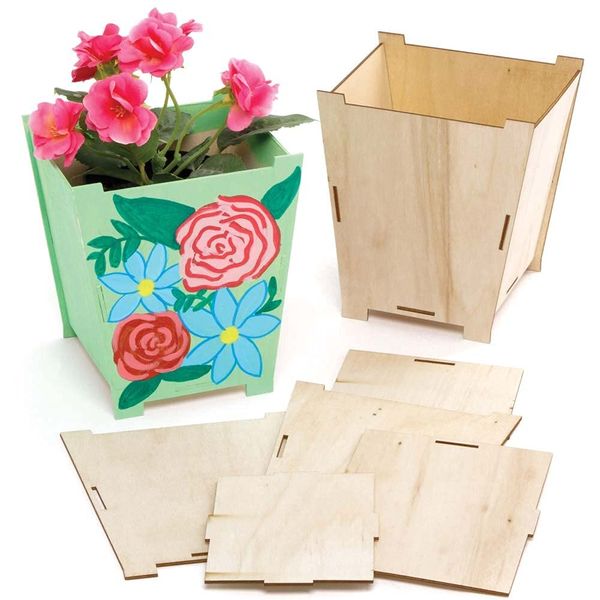 Baker Ross FE521 Tall Wooden Flowerpot Craft Kits - Pack of 3, Make Your Own Flower Pot, Planting Pots for Children to Decorate, Creative Activities for Kids