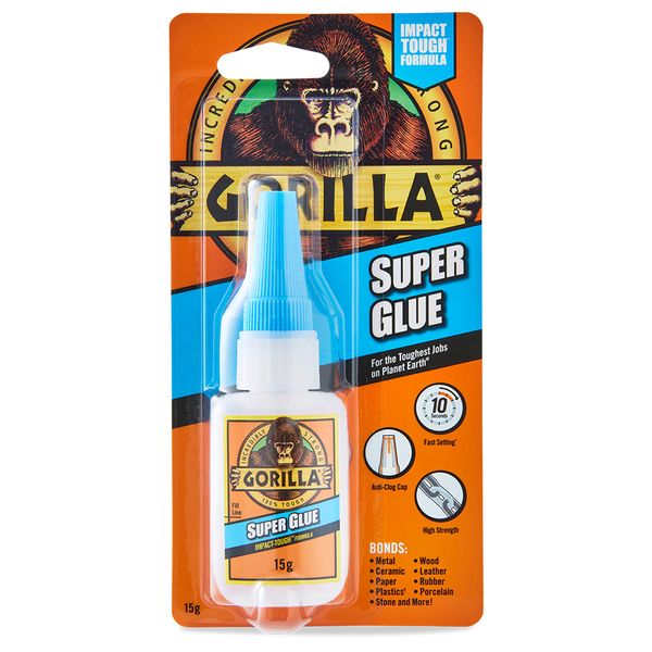 Gorilla Super Glue, 15g – All Purpose, Impact Tough & Fast Setting with Anti-Clog Cap Ideal for Metal, Ceramics, Leather & More