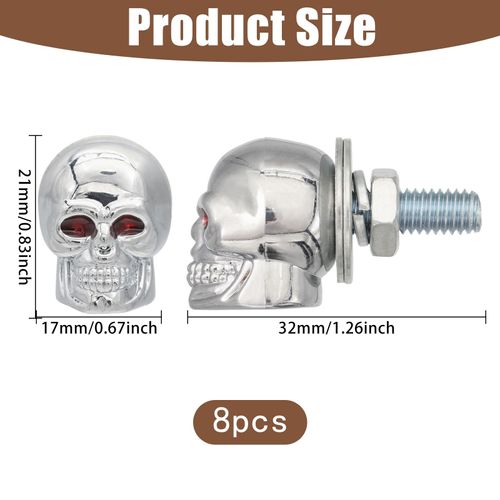 CHGCRAFT 8 Pcs Skull License Plate Screw Skull License Plate Frame Kit Alloy Funny License Plate Bolts for Motorcycle Cars Truck Vehicle, Platinum