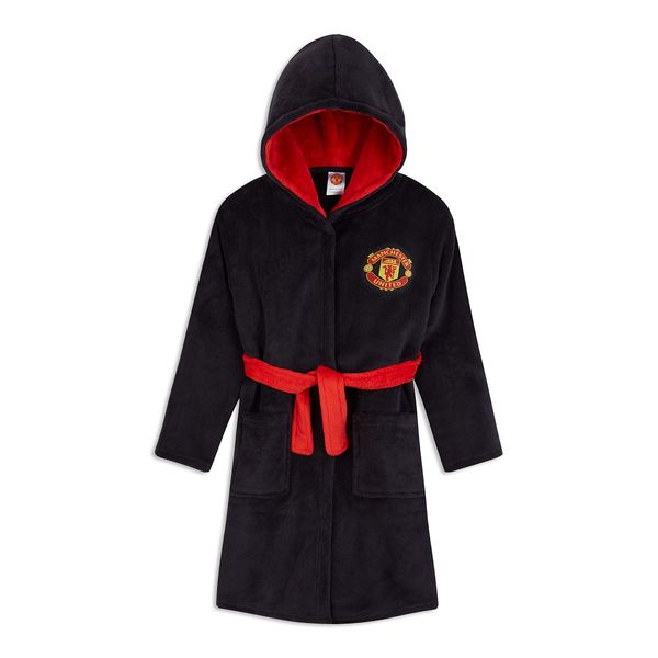 Manchester United F.C. Boys Dressing Gown, Football Kids Fleece Hooded Robe Age 3-14 (Black/Red, 13-14 Years)