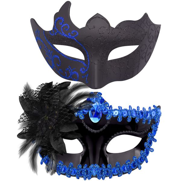 SIQUK Couple Masquerade Masks Plastic Venetian Party Mask Halloween Costume Mask Rhinestone Carnival Mask for Couples Women and Men, Black and Blue