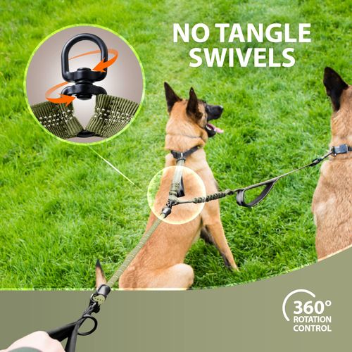 SparklyPets Double Dog Leash for 2 Dogs – Rope Bungee Dual Leash for Medium and Large Dogs with Padded Handles & Tangle Free-Range Green