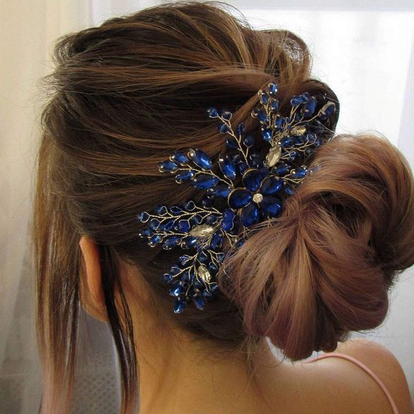 BERYUAN Women Royal Sapphire Opal Hair Comb Bridal Blue Crystal Flower Wedding Hair Accessory Gift for Her Party Headpiece for Bride Bridesmaid Girls(Blue)