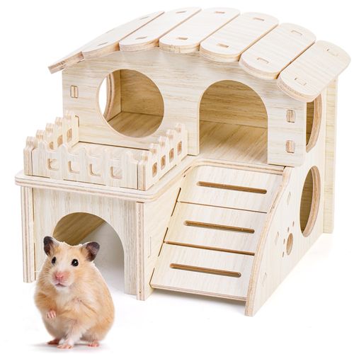 WRINGKIT Wood Hamster House, Maze Hamster Hideout, Fun Slide Gerbil House with Window, Detachable Double Decker Hut for Hamster Dwarf Mice Mouse Small Animals