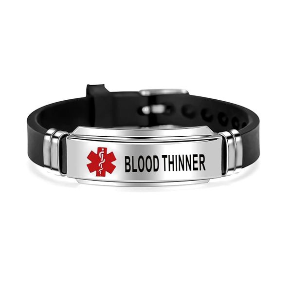 OutstandLong Red Medical Alert ID Blood Thineer Bracelet Emergency First Aid Laser Engraved Health Alert Adjustable Silicone Wristband Bracelet