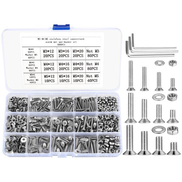 Countersunk Head Bolts and Nuts and Washers Set, 600 Pcs M3 M4 M5 Flat Head Hex Socket Head Cap Machine Screws Nuts and Bolts Kit, Stainless Steel Allen Head Machine Screws Fastener