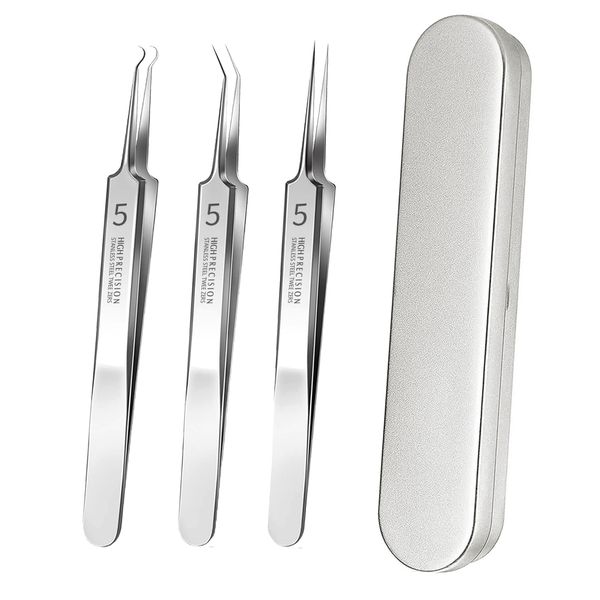 Topatrol (3-piece set) Precision Tweezers, Square Stopper, Tweezers, Tweezers, Extra Fine Tweezers, Pimple Removal, Blackhead Removal, Pore Care, Corner Plug Removal, Precise Work, Portable and