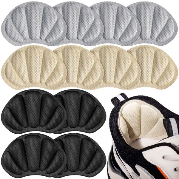 12 Pcs Heel Cushion Pads, Mesh Self-Adhesive Heel Grips to Prevent Shoes Too Big, Back of Heel Cushion Inserts for Women and Men, Black, White, Grey