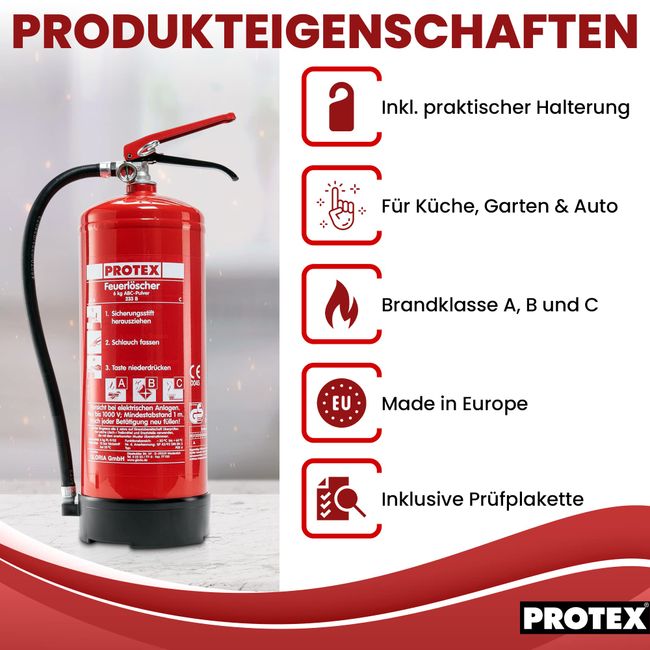 3 Pulver-Feuerlöscher – Protex Pulverfeuerlöscher – 6 kg - für die Brandklassen ABC – Zertifiziert nach DIN EN 3 und CE – je 9,5 kg – mit praktischer Halterung – mit Prüfplakette - Made in EU