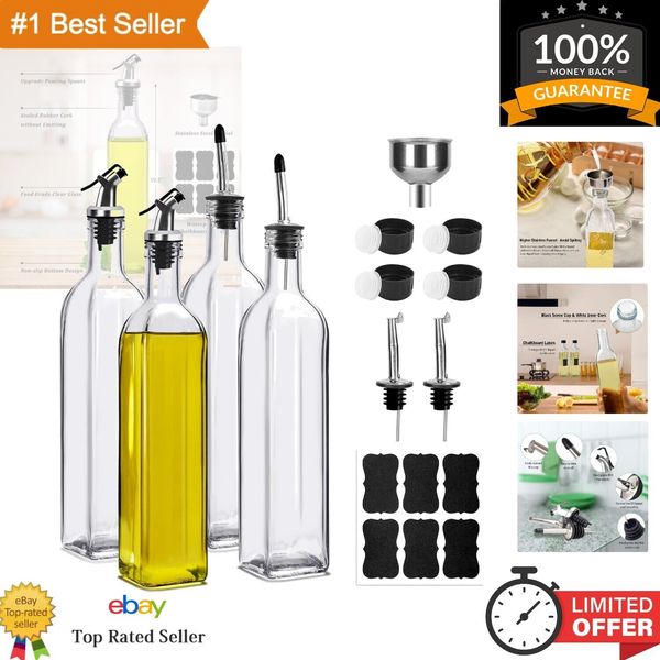 Glass Olive Oil Dispenser Bottles - 17oz Clear Vinegar Cruet with Pourers, Fu...