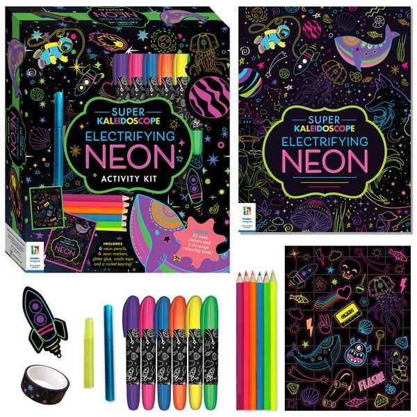 Hinkler Super Kaleidoscope - Electrifying Neon Activity Kit - Space Themed Coloring Book with Neon Stationery and Stickers - Rocket Keyring - Arts and Craft Kits for Kids Aged 6 to 12