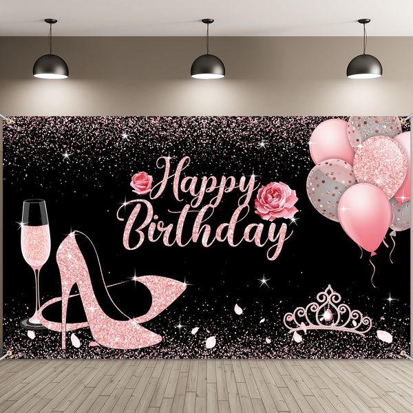 Sumind Happy Birthday Backdrop Fabric Glitter Rose Pink Birthday Background Banner Balloons Heels Wine Glass Photography Backdrop Birthday Party Decorations for Women Birthday Supplies, 6 x 3.6 Feet