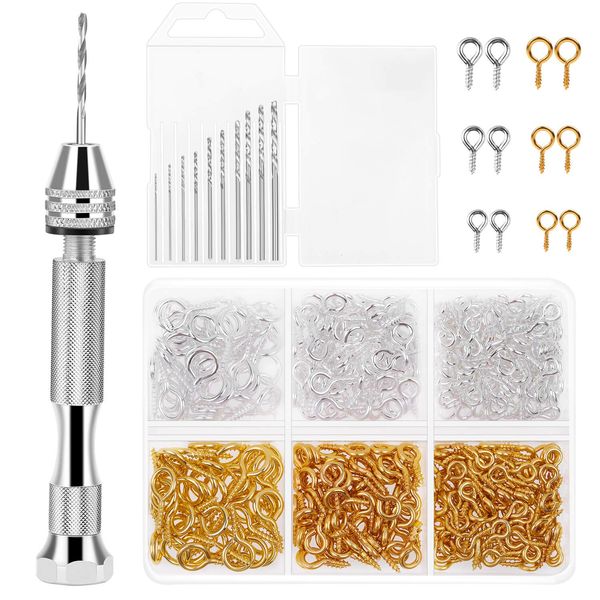 Pin Vise for Resin Casting Molds, Shynek Hand Drill for Jewelry Making Resin Tools Includes 1Pcs Push Hand Drill 10Pcs Drill Bits 480Pcs Eye Screws for DIY Keychain (Gold+silver)