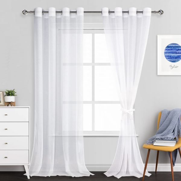 JIUZHEN White Sheer Curtains 96 Inches Long - Grommet Semi Transparent Light Filtering Window Drapes for Bedroom Living Room, 52Wx 96L, Set of 2 with Tiebacks