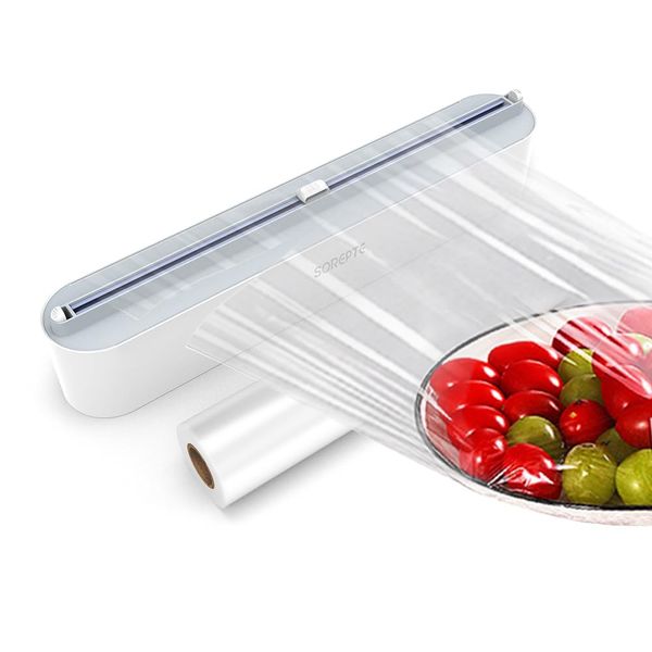 SOREPTE Refillable Magnetic Plastic Wrap Dispenser with Cutter - Contains a Roll of 12" Food Plastic Wrap - 2024 Reusable Cling Film Dispenser with Cutter