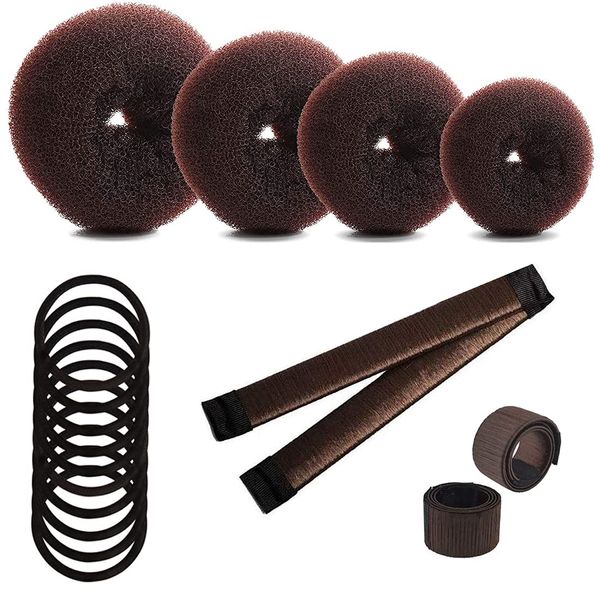 16 Pcs Hair Bang Shaper Set,4 Pcs Hair Donut Bun Maker,2 Magic Hair Bang Maker,10 Pcs Hair Elastic Band (Coffee)