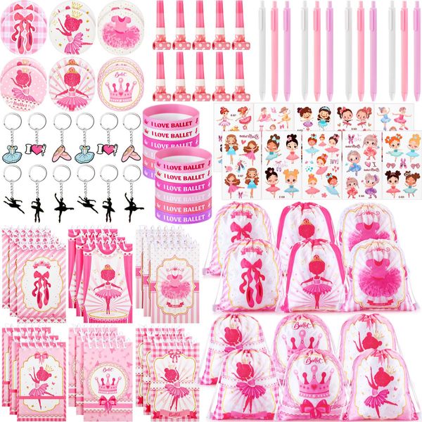 Yeaqee 98 Pcs Ballerina Party Favors Include Ballet Drawstring Backpacks Silicone Bracelets Keychains Blowouts Small Spiral Notebook Retractable Ballpoint Pens Button Ballerina Tattoos for Dance Party