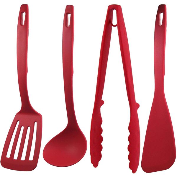 Nagao Tsubamesanjo Kitchen Tool Set of 4 Turner, Ladle, Tongs, Spatula, Red, Made in Japan