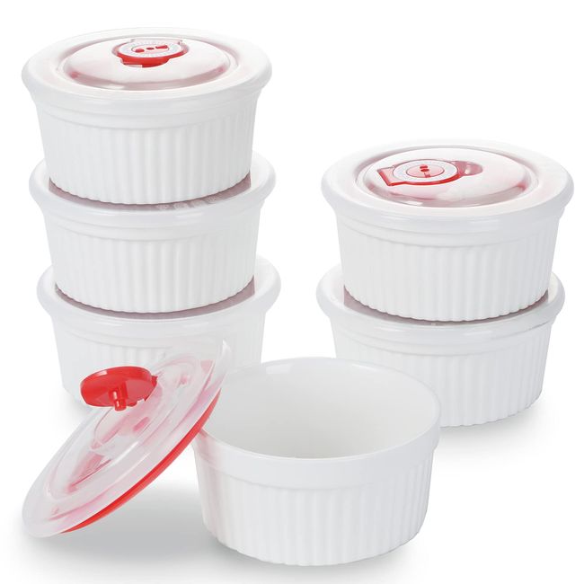 12 oz Ramekins with Lids - 6 pcs Porcelain Ramekins Dishes for Souffle,Creme Brulee, Pudding, Custard Cups,Bakeware Bowls Set for Baking,Oven Safe, White (4.5 inch)