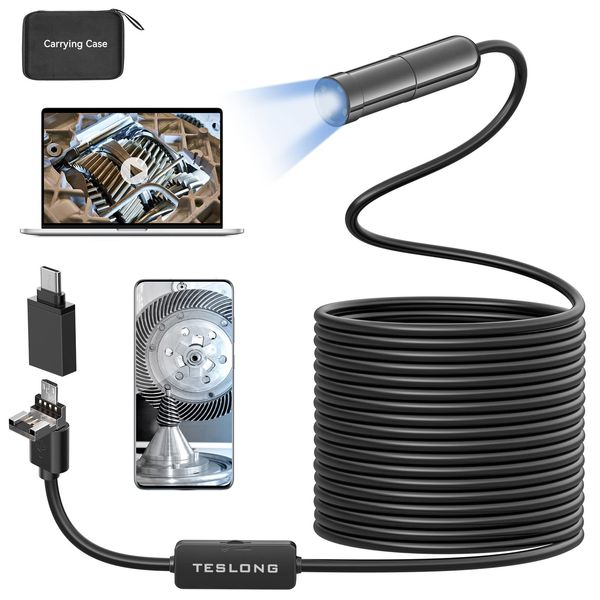 5MP Auto-Focus Endoscope, Teslong 3rd Generation USB Borescope with 5.0 Megapixel Inspection Camera, 16.5ft Waterproof Semi-Rigid Cable & Adjustable Led Lights Probe for Android Phone Windows MacBook