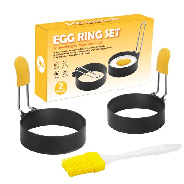 Egg Rings for Frying Non Stick Fried Egg Ring 2 Pack Poached Egg Maker with Oil Brush, Fried Egg Mould, Pancakes, Mcmuffin, Omelette, Shaping, Burger