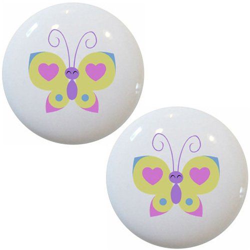 Set of 2 Heart Butterfly Ceramic Cabinet Drawer Pull Knobs