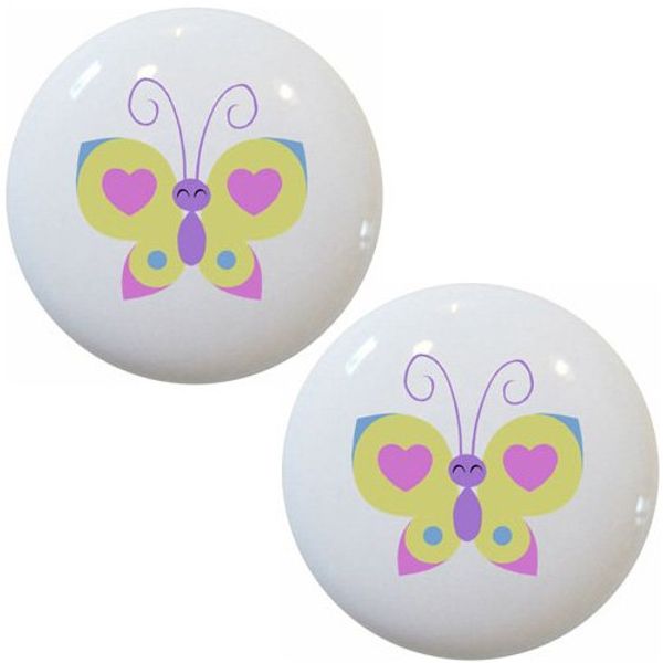 Set of 2 Heart Butterfly Ceramic Cabinet Drawer Pull Knobs