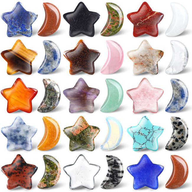 Nuenen 30 Pieces Worry Stones Bulks Moon Star Shaped Crystals Gemstone Star Worry Stones Bulks Palm Moon Hand Carved Thumb Stones for Witchcraft Supplies DIY Meditation Balancing (Classic Colors)