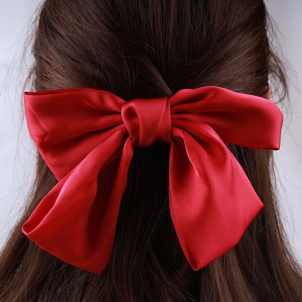 Sttiafay Vintage Bow Hair Barrette Big Bow Hair Clips Headwear Silk Hair Tail Clip Red Bow Barrette Hair Bowknot Headdress for Women and Girls