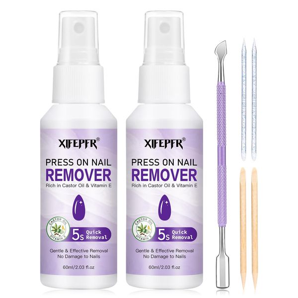 XIFEPFR Nail Glue Remover Kit, 2pcs Press on Nail Remover with Removal Tools, Easy Remove Solid Nail Glue Gel On Fake Nail Tips in 5s, Non-Acetone, Not for UV Gel or Gel Nail Polish