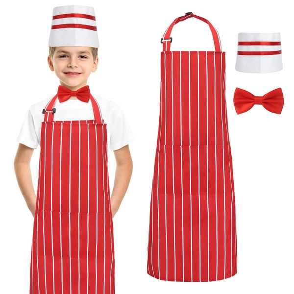 1950s Waiter Costume Kit, Soda Jerk Costume Kit Red and White Striped Apron with 2 Pockets, Soda Jerk Chef Hat Red Bow Ties Adjustable Kid Striped Apron for Kid Boy Girl Costume Cosplay Party