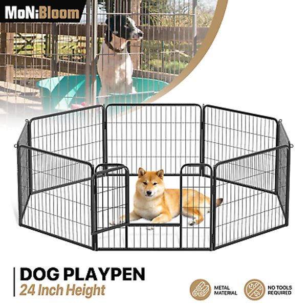 24"Black Dog Playpen 8 Panel Foldable Outdoor Pet Dog Exercise Pen Metal w/Doors