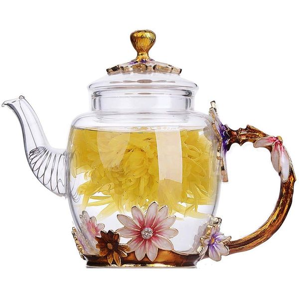 YBK Tech Creative Flower Glass Teapot Crystal Glass Teapot for Kung Fun Tea, Good Gift for Sister, Mom, Grandma, Teachers (Chrysanthemum (Gold Handle))