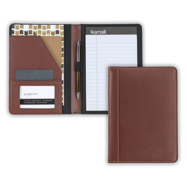 Samsill Contrast Stitch Faux-Leather Portfolio, Mini Size Business Professional Padfolio, Includes 5 x 8 Inch Writing Pad, Brown