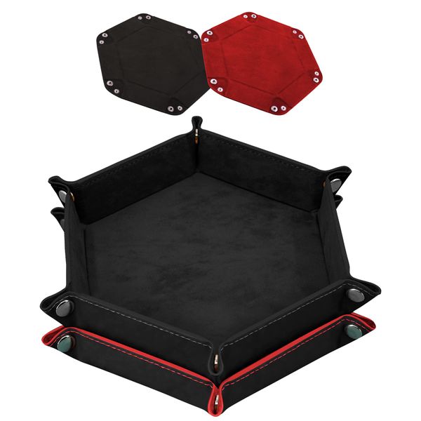 SIQUK 2 Pieces Dice Tray Hexagon Dice Folding Tray PU Leather Velvet Dice Holder for Dice Games like RPG, DND, and Other Table Games, Black and Red