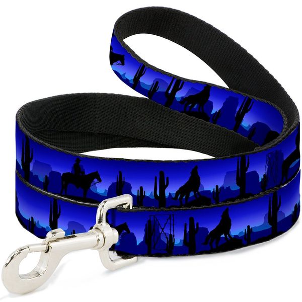 Dog Leash Cowboy Coyote Silhouettes Western Landscape Blues Black 4 Feet Long 1.0 Inch Wide