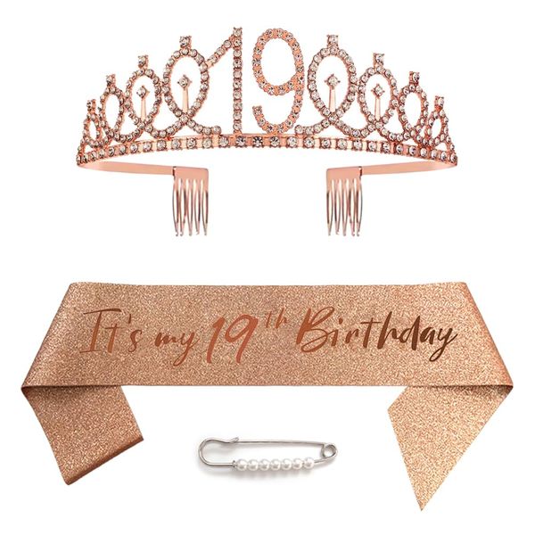 Ceqiny 19th Birthday Sash Tiara and Crowns for Girls, Birthday Queen Rose Gold Tiara, Princess Tiara Rhinestone Headbands with Combs Bridal Wedding Tiaras for Wedding Prom Bridal Party Christmas