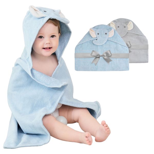 Mooreeke 2 Pack Baby Hooded Towel with Unique Animal Design Cotton Bath Towel for Babies Ultra Soft Absorbent Baby Washcloths for Newborn Essentials (Elephants)