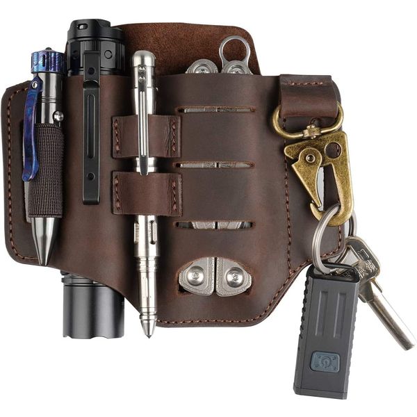 VIPERADE PJ16 EDC Leather Sheath for Belt,Flashlight Holster Knife Sheath,EDC Multitool Leather Sheath for Men,EDC Leather Pocket Organizer Sheath with Keychain for Flashlight Knife Pen(Brown)