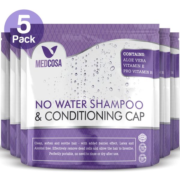 Medcosa No Water Shampoo Caps - Hassle-Free Hair Washing Caps for Elderly - Shampoo Caps for Bedridden - Aloe, Vitamin E, Chamomile - 5-Pack