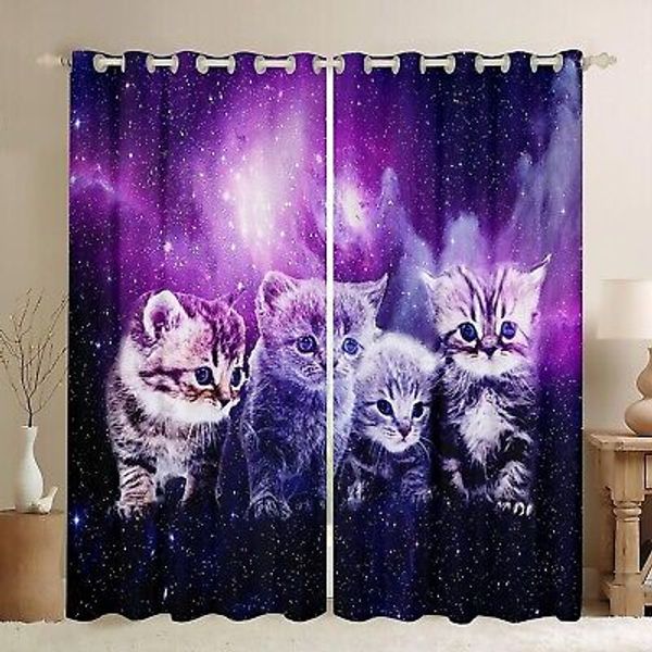 Cat Window Drapes Cute Pet Cats Curtains Outer Space Kawaii Kitten Window Cur...