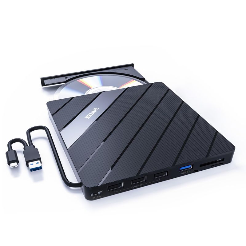 Unitek External DVD/CD Drive with SD Card Reader, USB 3.0 Hub, USB-C ...